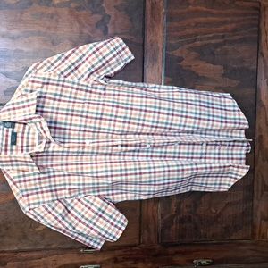 Arrow size s orange, green, and dk red plaid short sleeve shirt.